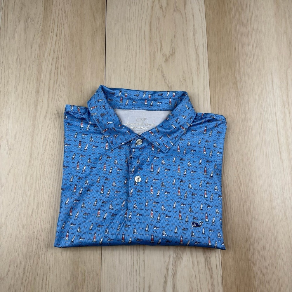 Vineyard Vines Performance Polo Shirt Sailboats Lighthouse AOP Mens Size XL